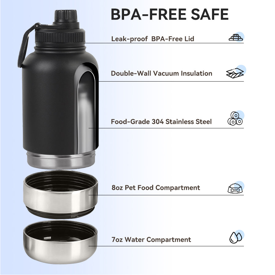 Black Stainless Steel Dog Bottle with Double Insulated Compartments