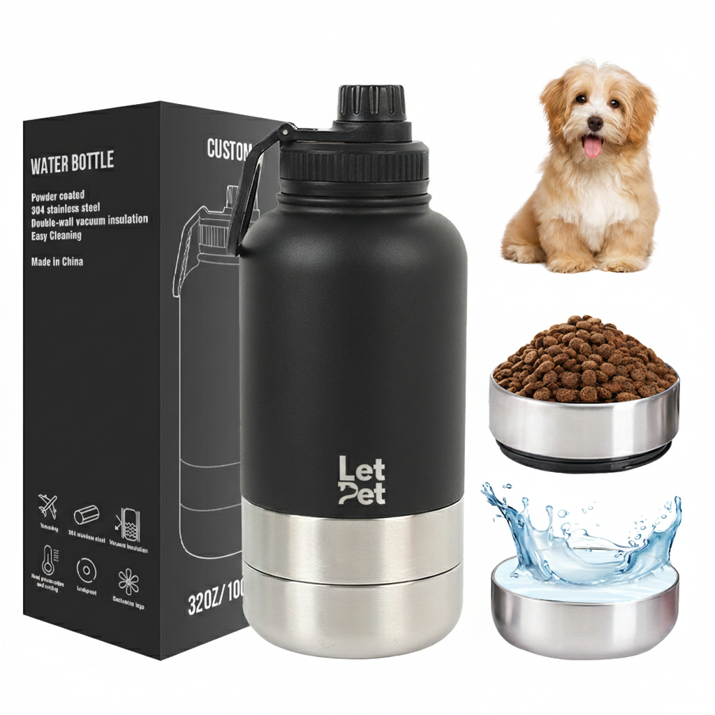 Black Stainless Steel Dog Bottle with Double Insulated Compartments