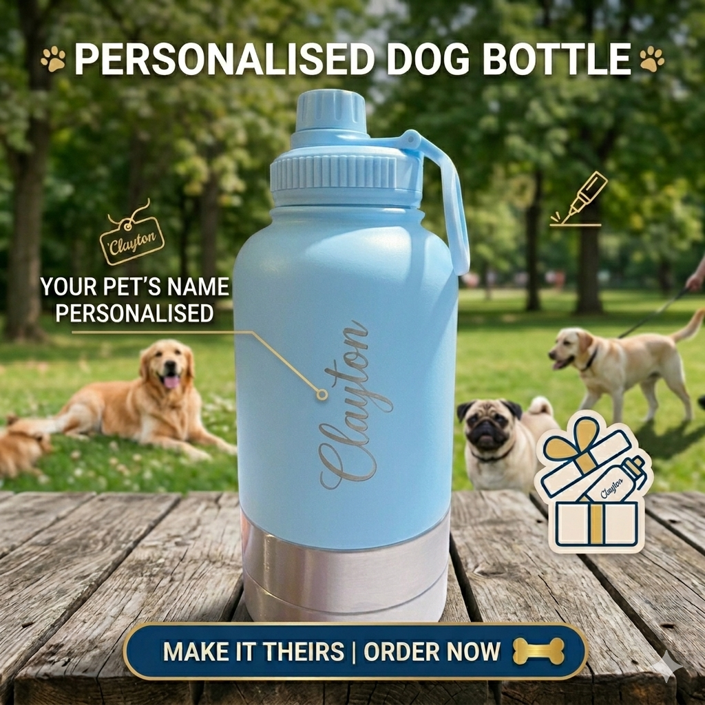 3-in-1 Stainless Steel Dog Bottle with Double Insulated Compartments - Customise it with a Pet Name Option