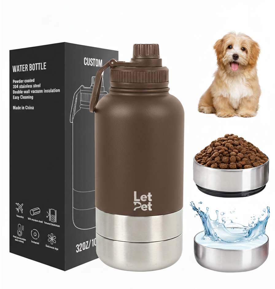Brown Stainless Steel Dog Bottle with Double Insulated Compartments