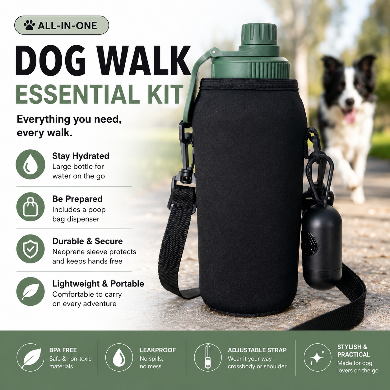 All-in-One Dog Walking Kit | Bottle + Sleeve + Bag Dispenser