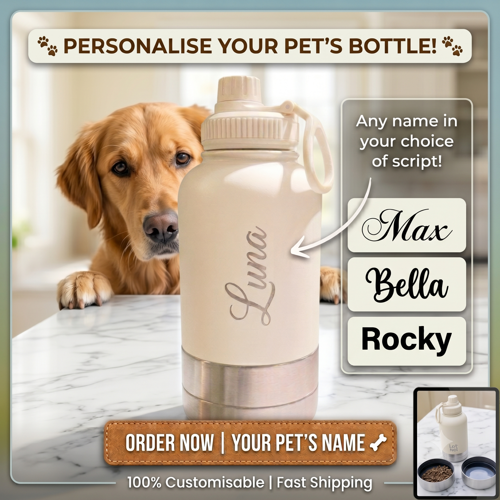 Customisable 3-in-1 Stainless Steel Dog Bottle with Double Insulated Compartments - Customise it with a Pet Name Option