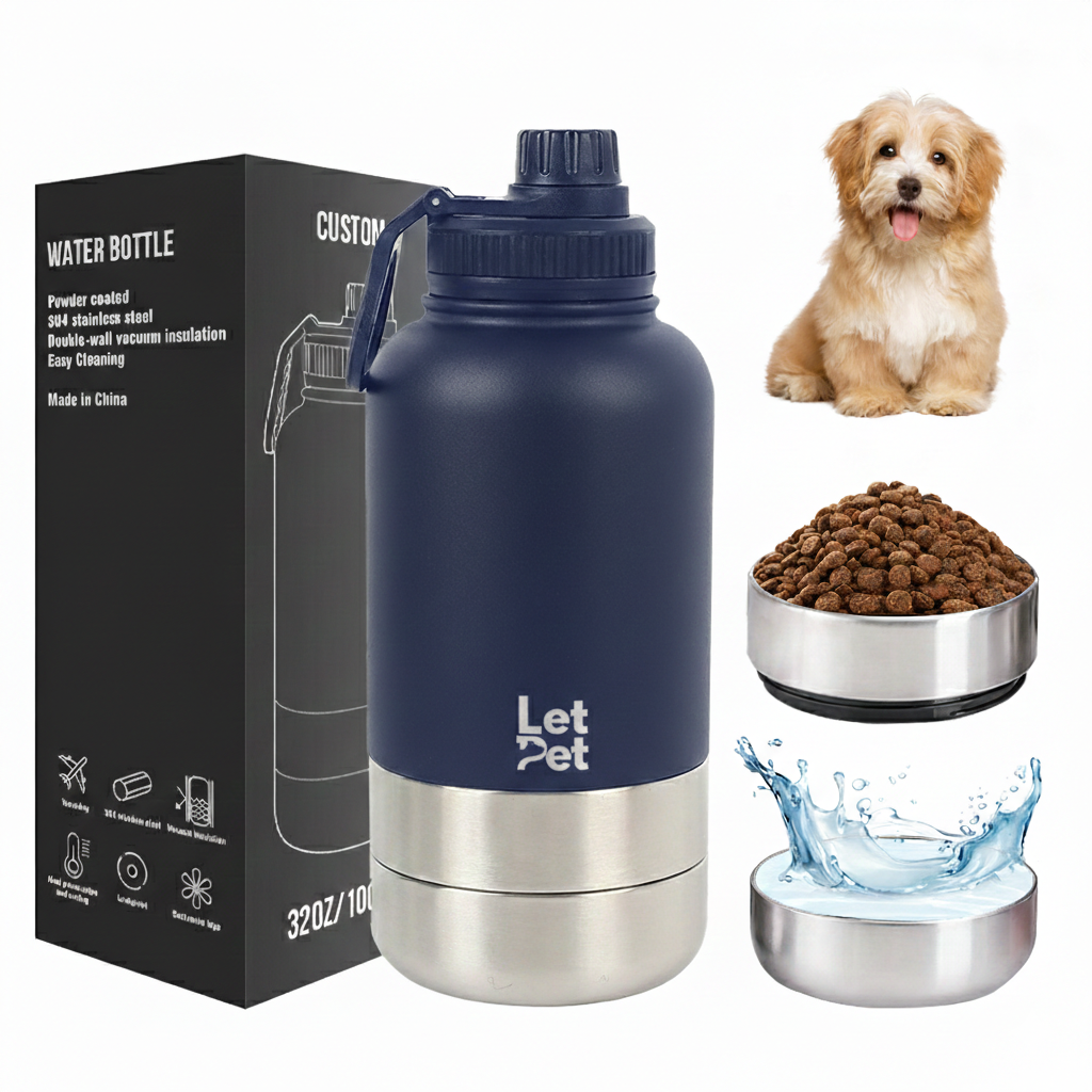 Navy Blue Stainless Steel Dog Bottle with Double Insulated Compartments