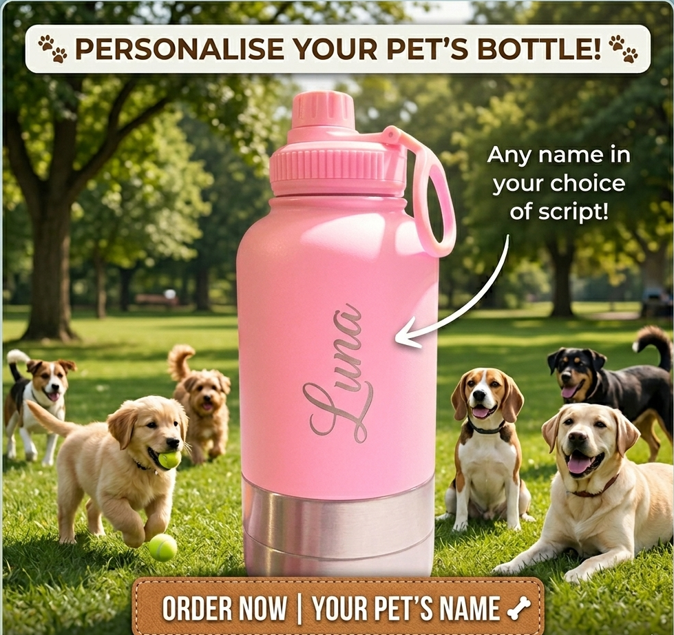 3-in-1 Stainless Steel Dog Bottle with Double Insulated Compartments - Customise it with a Pet Name Option