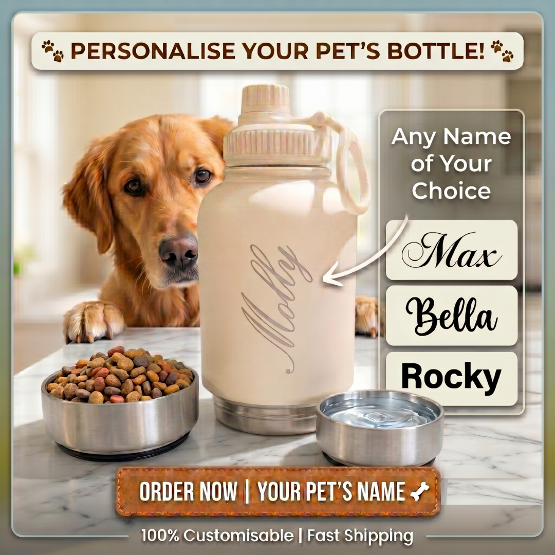 Customisable 3-in-1 Stainless Steel Dog Bottle with Double Insulated Compartments - Customise it with a Pet Name Option