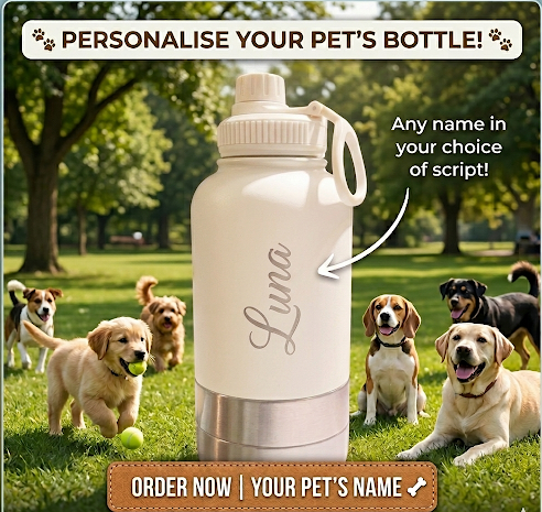 3-in-1 Stainless Steel Dog Bottle with Double Insulated Compartments - Customise it with a Pet Name Option